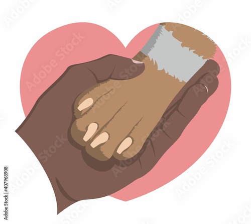 The hand gently holds a dog's paw on the background of a pink heart. Symbol of love for dogs. Animal protecting community.