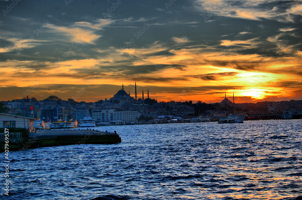 Cruise on the Bosphorus. Sunset. Golden Horn. (Istanbul, Turkey).