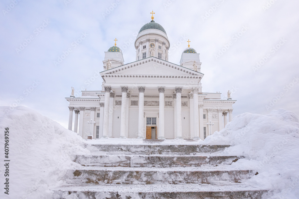 White Church in the snow in winter, on Senate Square in Helsinki.