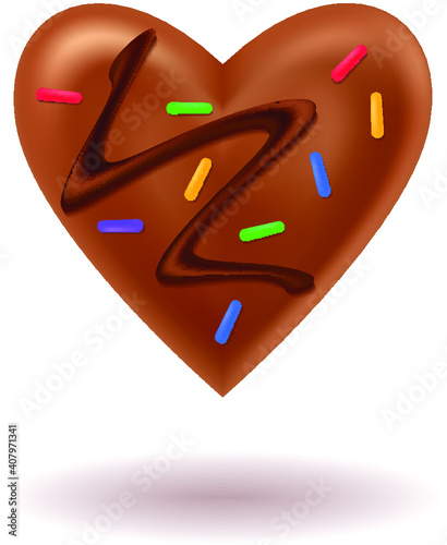 Chocolate heart. Glossy brown milk chocolate bonbon with bright colorful decorations. Candy, sweet, gingerbread, cookie, cake, biscuit, pastry, brownie. Valentine's day design. Vector illustration