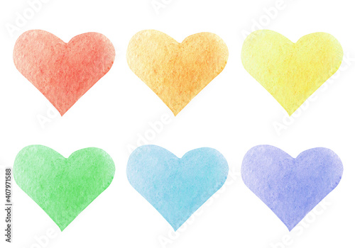 Hand drawn watercolor heart set. Rainbow hearts collection isolated on white background. Romantic design element for wedding invitation, Valentines day card, gay hearts, pride 
