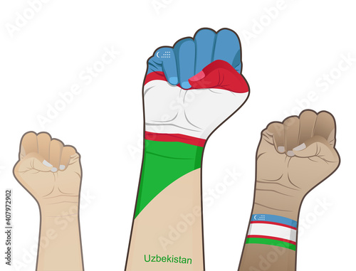 The spirit of struggle by lifting a hand with the flag of Uzbekistan