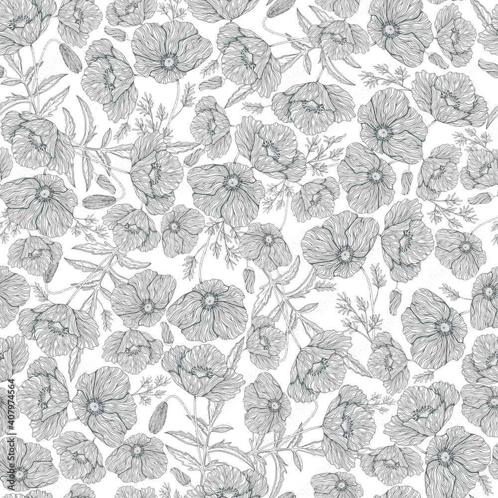 Flower Wild Poppy of Root Chakra pattern grey lines