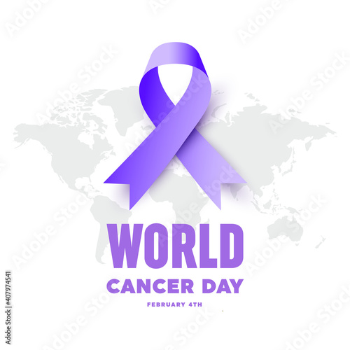 Illustration Of 4 February World Cancer Day Poster Or Banner Background. Cancer Awareness Realistic Ribbon.