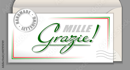Handwritten Italian language lettering Grazie mille - Thank you very much. Italy vector calligraphy phrase Thank You so much isolated on white envelope card