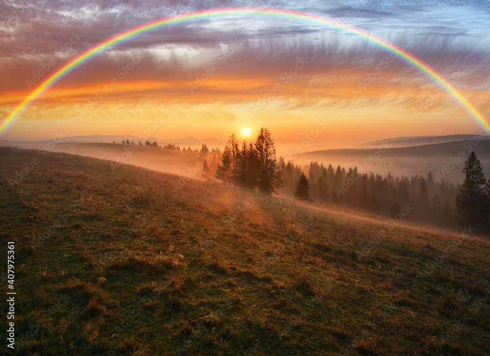 Rainbow over the Mountains. autumn morning in the Carpathians Rainbow over the Mountains. autumn morning in the Carpathians