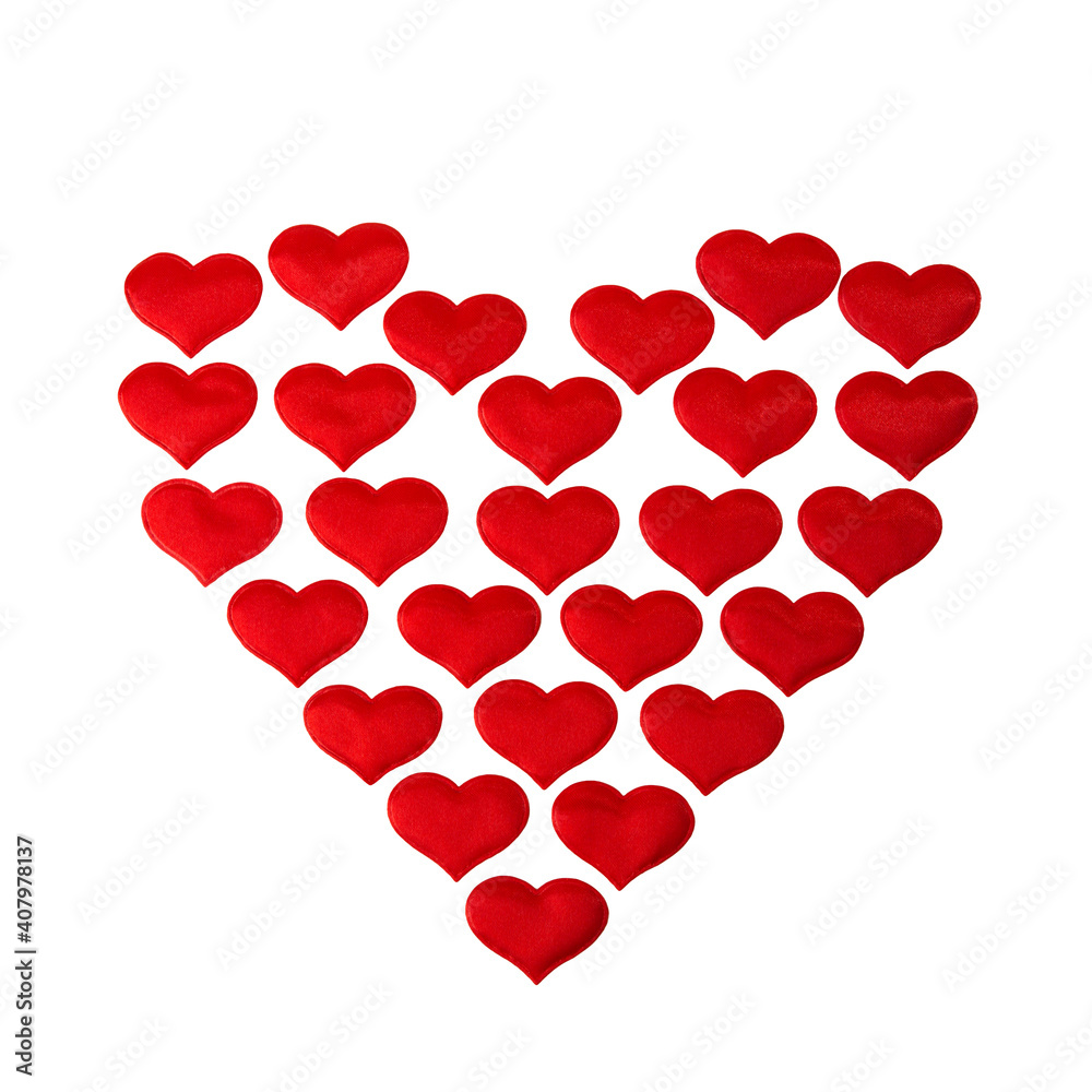 Heart made of red satin hearts isolated on white background.