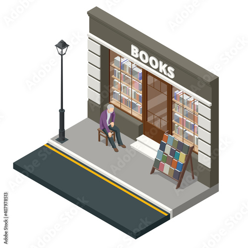 Isometric bookstore facade in flat style isolated on white background. Books, science, knowledge. Storefront and a shelf with books.