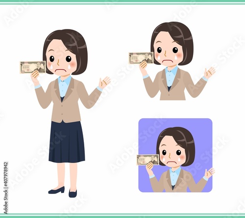 Young woman in beige suit