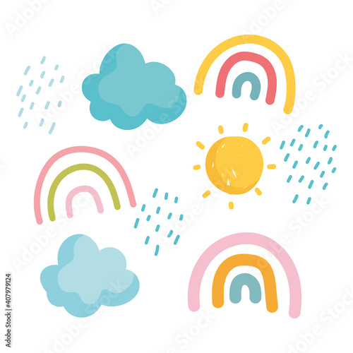 cartoon rainbows sun clouds rain sky icons