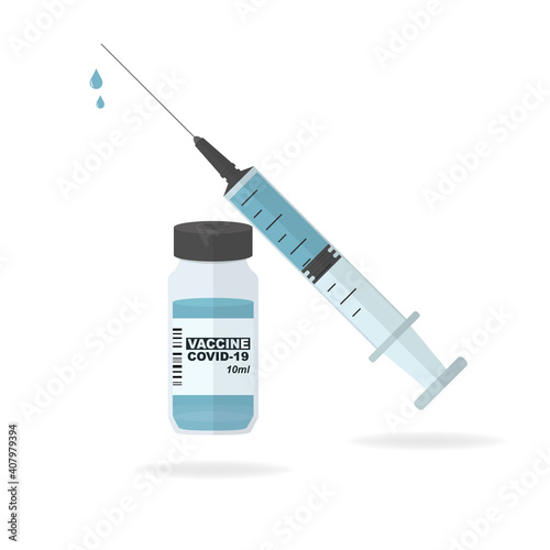 Vaccine bottle and syringe symbol. Coronavirus, Covid-19 vaccine Concept. Isolated vector illustration.