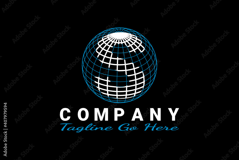 3D vector logo element with globe illustration and outline pattern forming initials 3D vector logo element with globe illustration and outline pattern forming initials