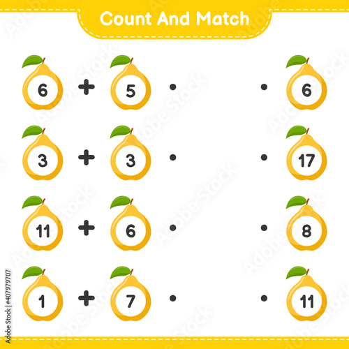 Count and match, count the number of Quince and match with right numbers. Educational children game, printable worksheet, vector illustration