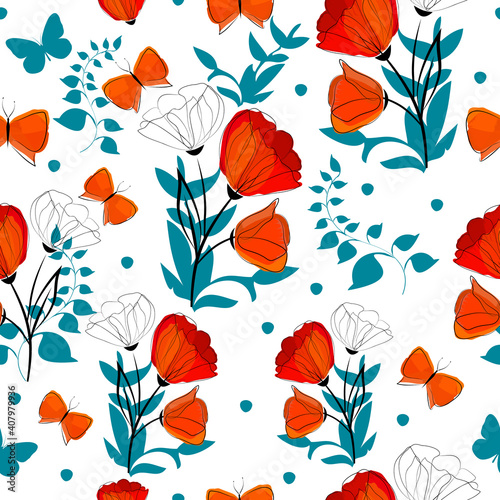 A seamless background with red and blue flowers and leaves. Print with poppies and butterflies. Vector illustration