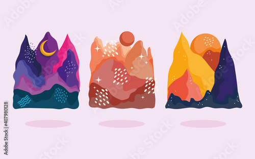 abstract landscape icons set the mountains  moon sun style