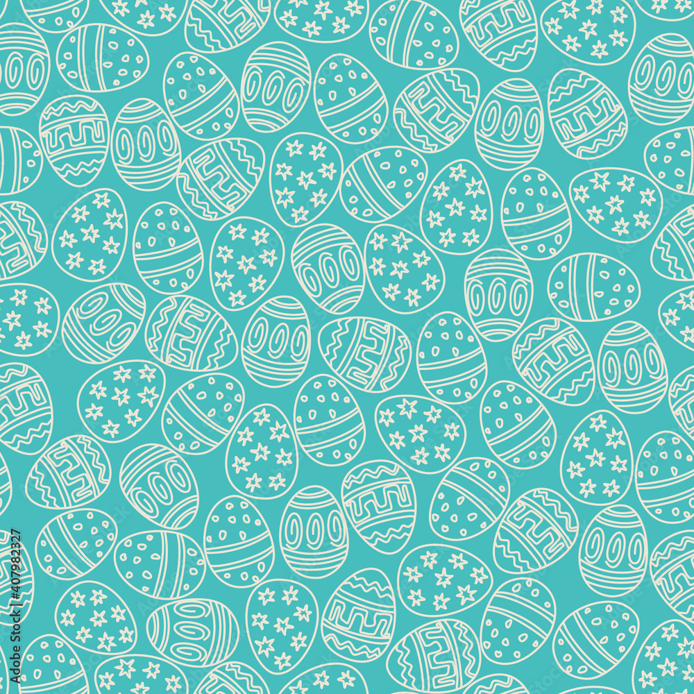 Easter seamless pattern with Easter eggs as lace on a blue background. Vector flat design illustration in doodle style for invitations, prints, wrapping paper, etc. For Happy Easter.