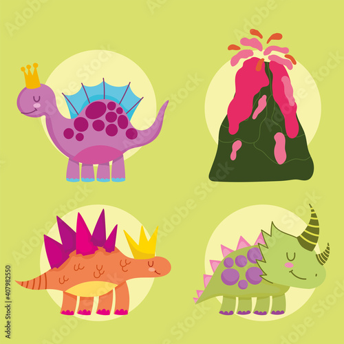 cute dinos animals extinct and volcano cartoon icons