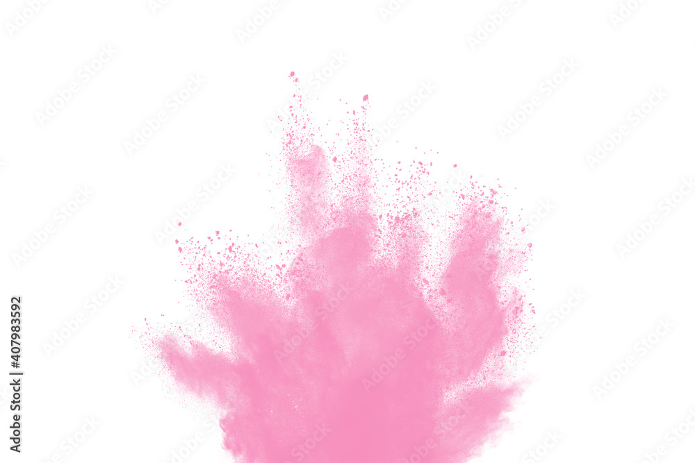 Obraz Freeze motion of pink color powder exploding on white background.