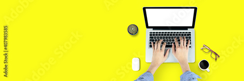 Top view computer notebook and smartphones mobile phone isolated color background office style .