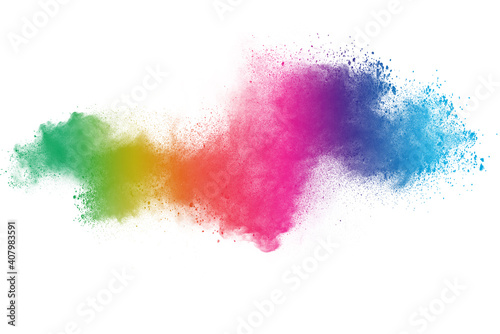 Freeze motion of color powder exploding on white  background.