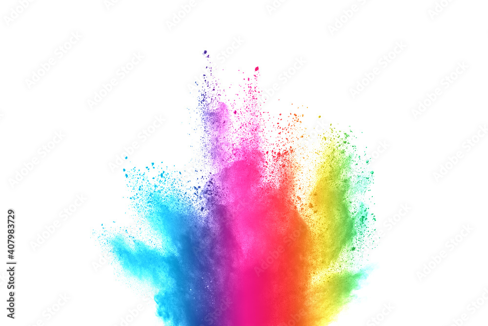 Freeze motion of color powder exploding on white  background.