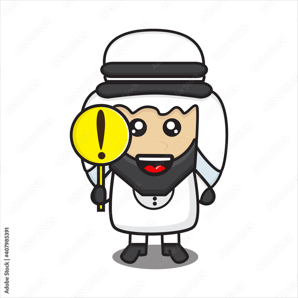 cute arab boy mascot with caution sign, arab man character with cute mustache on white background vector eps 10 cute arab boy mascot with caution sign, arab man character with cute mustache on white background vector eps 10