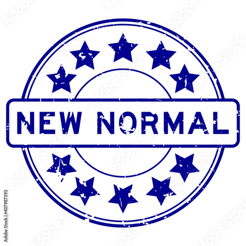Grunge blue new normal word with star icon round rubber seal stamp on white background