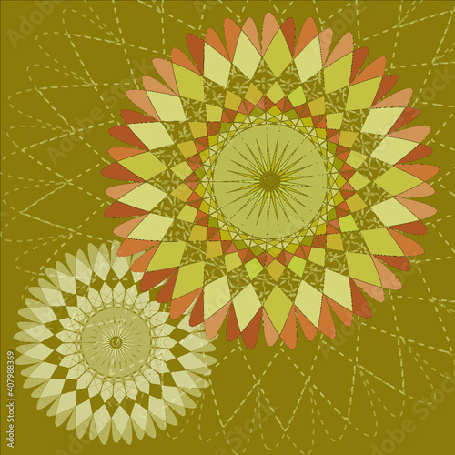 Abstract tan, yellow and rose geometric stars on a buckskin background