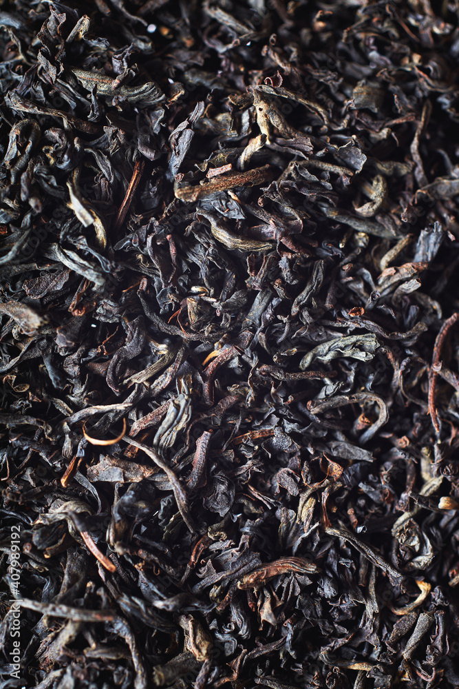 Closeup of heap of dried black tea leaves Closeup of heap of dried black tea leaves