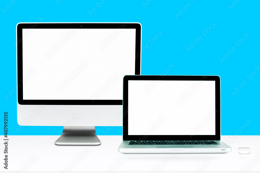 Computer monitor isolated on white screen on office style desk color background . Computer monitor isolated on white screen on office style desk color background .