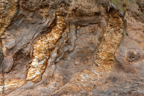 Geological dykes in the sandstone cliff face at Duvauchelle on the Banks Peninsula, Canterbury, New Zealand. The surface is highly coloured and textured.