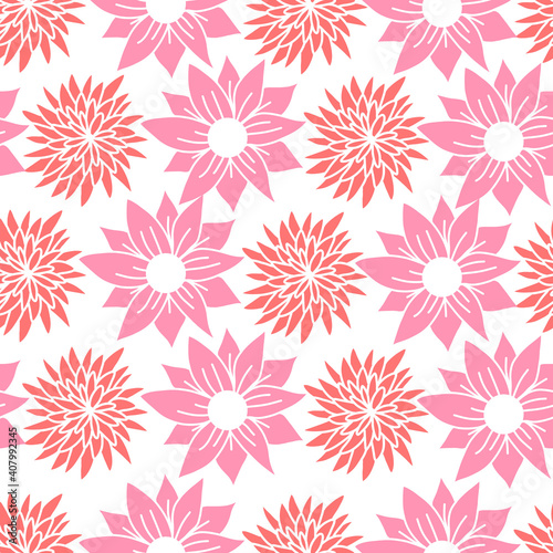Vector seamless pattern with red flowers. A floral pattern with red and pink abstract flowers. © Michel F