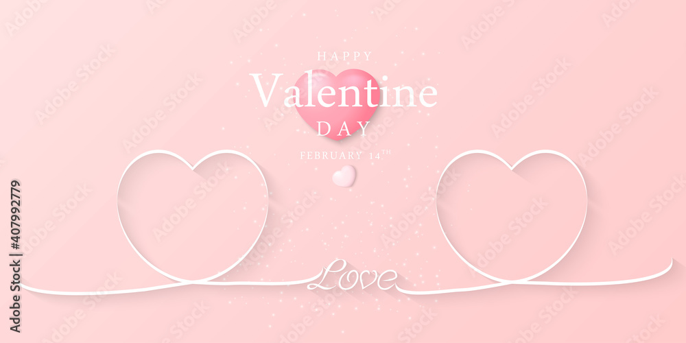  Happy Valentine Day.Greeting card pink background with white ribbon hearts shape.