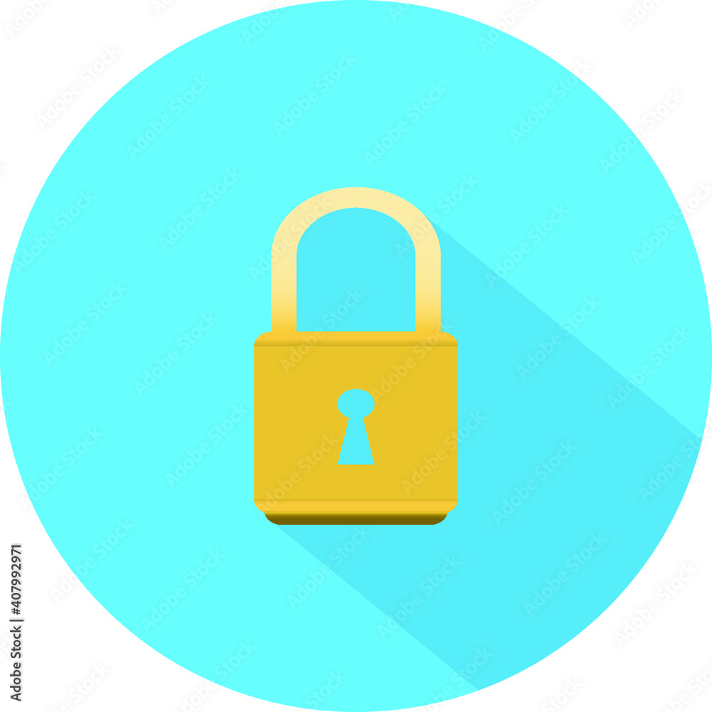 Yellow lock with shadow in blue circle background Yellow lock with shadow in blue circle background