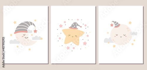 Set of cute moon and star cards or posters for baby shower, invitation, room decoration, and more. Moon and star characters in girly pastel colors.