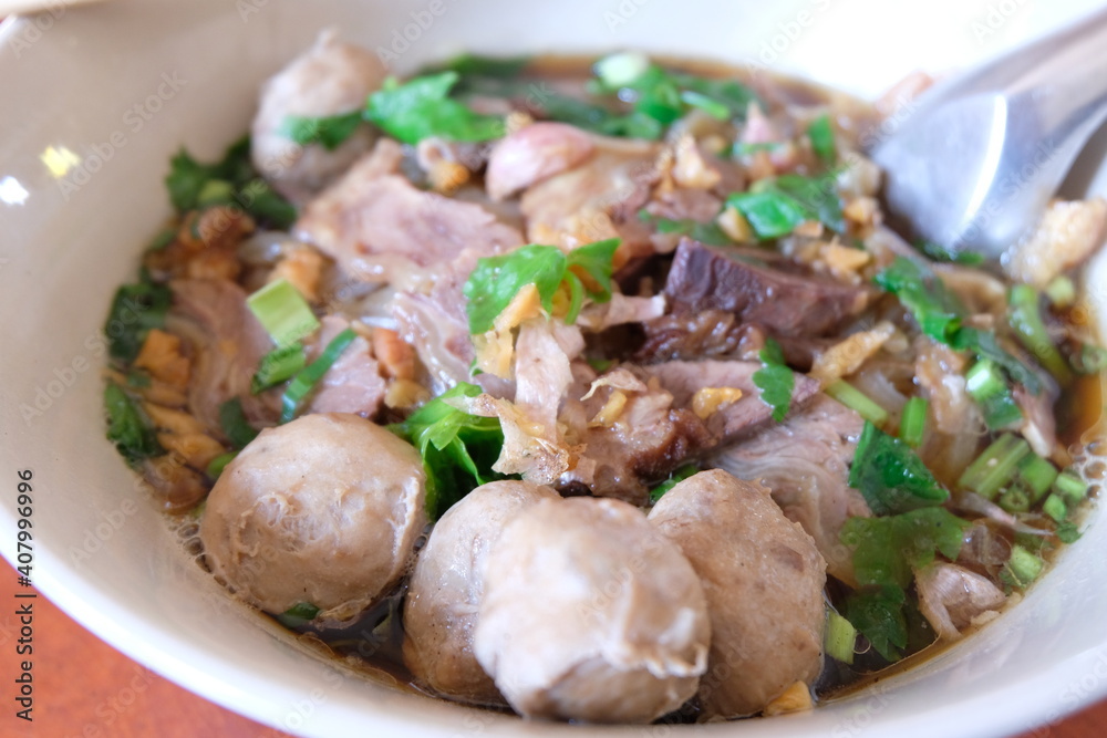 Thai style noodle blood soup. close up or selective focus