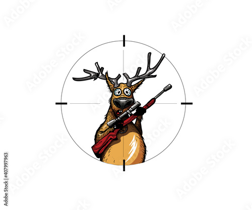 An illustration of funny deer holding a rifle 