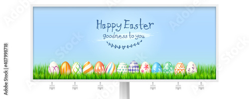 Fototapeta Naklejka Na Ścianę i Meble -  Happy Easter greeting banner. Billboard with pattern from painted eggs in green grass on blue sky background. Vector 3d illustration.