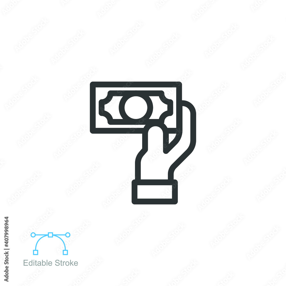 Send money line icon. Human hand holding dollar bill meaning Transfer Money payment for online mobile banking of finance concept Editable stroke. Vector illustration design on white background EPS 10