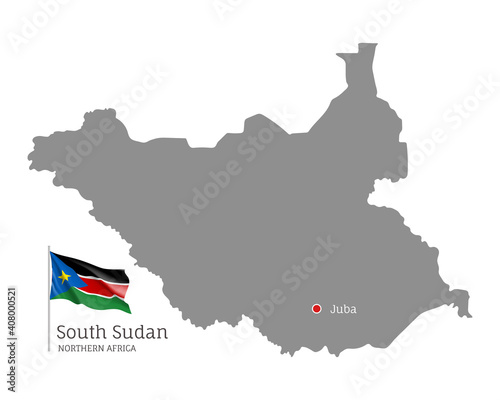 Silhouette of South Sudan country map. Gray editable map with waving national flag and Juba city capital, North Africa country territory borders vector illustration on white background photo