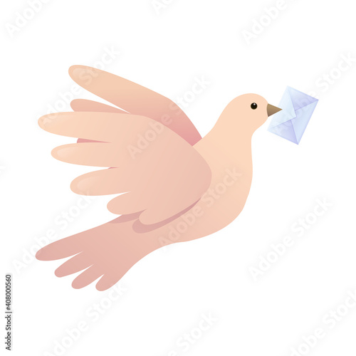 Dove carrying envelope in its beak. Post pigeon flying with letter, delivering correspondence message. Delivery, communication, postage service concept, Symbol of peace or freedom vector illustration