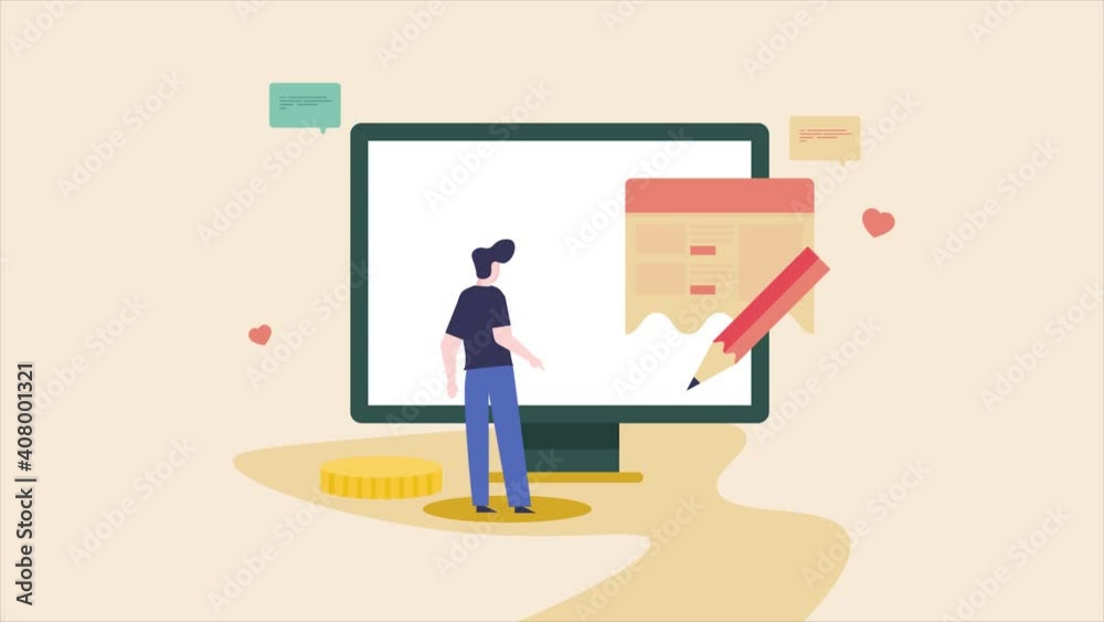 Business blogging concept. User browsing online content. 2d animation, video clip. Business blogging concept. User browsing online content. 2d animation, video clip.