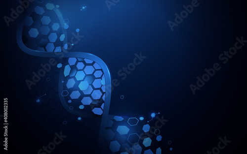 DNA molecules structure with abstract technology, science futuristic hi-tech concept on blue background