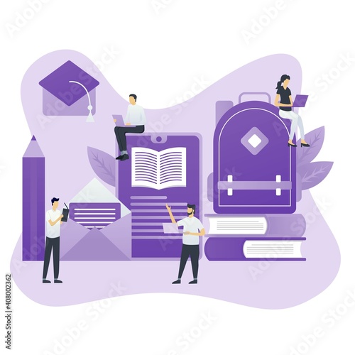 online education at home. Student looking at Laptop, books, and exercise books . Modern vector illustration concepts for website and mobile website development