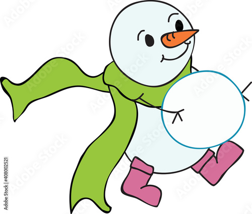 snowman carrying snowball with green scarf flying behind wearing pink boots vector illustration