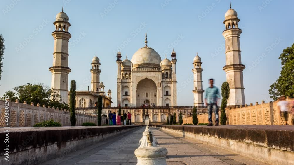 Time Lapse of Tourists walking around Bibi Ka Maqbara - the replica of Famous Taj Mahal, Aurangabad, Maharashtra, India