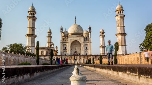 Time Lapse of Tourists walking around Bibi Ka Maqbara - the replica of Famous Taj Mahal, Aurangabad, Maharashtra, India photo