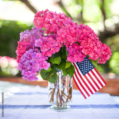 Bouquet of Pain and Purple Hydrangeas with American Flag