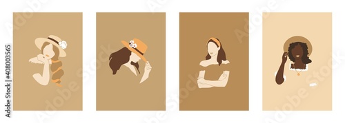 Set of posters with young women in abstract cut-out shapes style. Collection of cards with fashion girls in summer dresses, hats in vintage style. Home decor in beige colors. Vector illustration