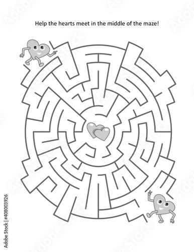 Valentine's Day or love, romance, wedding maze with two hearts: Help the hearts meet in the middle of the maze!
